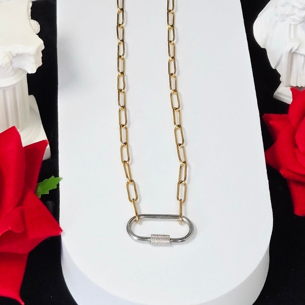 Gold Paperclip Chain Necklace Silver Carabiner Pendant Two Tone Charm Holder